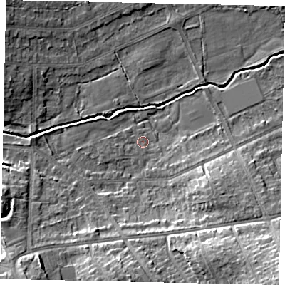 Shaded relief map of the ground around HA48AG, computed from Environment Agency LiDAR. The ground here sits at about 41 m above sea level and falls 17 m across the surrounding 800 m. Surface water reaching this point runs off ground lying to the east-south-east, 3.1 m higher.
