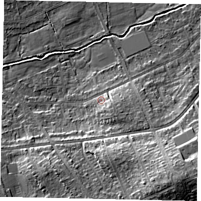Shaded relief map of the ground around HA48AH, computed from Environment Agency LiDAR. The ground here sits at about 44 m above sea level and falls 19 m across the surrounding 800 m. Surface water reaching this point runs off ground lying to the east-south-east, 4.8 m higher.