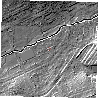 Shaded relief map of the ground around HA48AP, computed from Environment Agency LiDAR. The ground here sits at about 42 m above sea level and falls 15 m across the surrounding 800 m. Surface water reaching this point runs off ground lying to the south-east, 12.6 m higher.