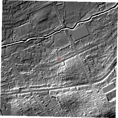 Shaded relief map of the ground around HA48AQ, computed from Environment Agency LiDAR. The ground here sits at about 43 m above sea level and falls 19 m across the surrounding 800 m. Surface water reaching this point runs off ground lying to the south-east, 1.5 m higher.