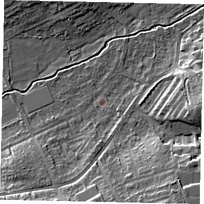 Shaded relief map of the ground around HA48AR, computed from Environment Agency LiDAR. The ground here sits at about 43 m above sea level and falls 16 m across the surrounding 800 m. Surface water reaching this point runs off ground lying to the south-south-west, 6.3 m higher.