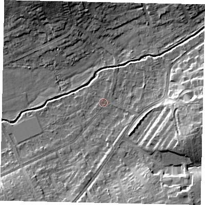 Shaded relief map of the ground around HA48AS, computed from Environment Agency LiDAR. The ground here sits at about 42 m above sea level and falls 14 m across the surrounding 800 m. Surface water reaching this point runs off ground lying to the east-south-east, 11.9 m higher.