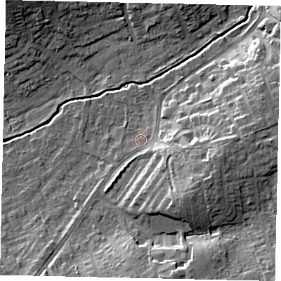 Shaded relief map of the ground around HA48BN, computed from Environment Agency LiDAR. The ground here sits at about 44 m above sea level and falls 14 m across the surrounding 800 m. Surface water reaching this point runs off ground lying to the east-south-east, 9.7 m higher.