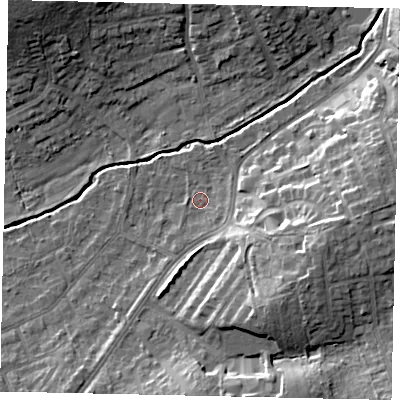 Shaded relief map of the ground around HA48BW, computed from Environment Agency LiDAR. The ground here sits at about 43 m above sea level and falls 15 m across the surrounding 800 m. Surface water reaching this point runs off ground lying to the east-south-east, 10.1 m higher.