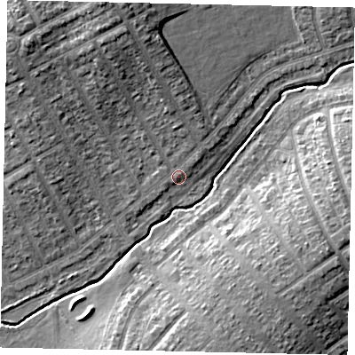 Shaded relief map of the ground around HA49DP, computed from Environment Agency LiDAR. The ground here sits at about 38 m above sea level and falls 12 m across the surrounding 800 m. Surface water reaching this point runs off ground lying to the north-north-west, 8.3 m higher.