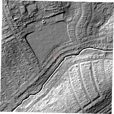 Shaded relief map of the ground around HA49DR, computed from Environment Agency LiDAR. The ground here sits at about 38 m above sea level and falls 12 m across the surrounding 800 m. Surface water reaching this point runs off ground lying to the north-west, 9.8 m higher.