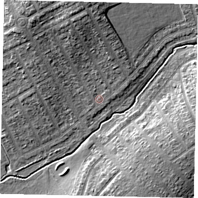 Shaded relief map of the ground around HA49DS, computed from Environment Agency LiDAR. The ground here sits at about 38 m above sea level and falls 11 m across the surrounding 800 m. Surface water reaching this point runs off ground lying to the north, 8.2 m higher.