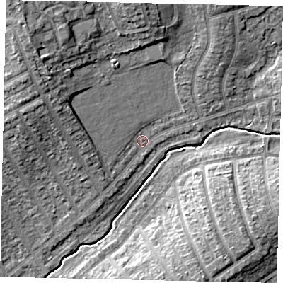 Shaded relief map of the ground around HA49DU, computed from Environment Agency LiDAR. The ground here sits at about 39 m above sea level and falls 12 m across the surrounding 800 m. Surface water reaching this point runs off ground lying to the west-north-west, 6.7 m higher.