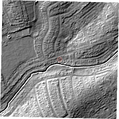 Shaded relief map of the ground around HA49DY, computed from Environment Agency LiDAR. The ground here sits at about 38 m above sea level and falls 12 m across the surrounding 800 m. Surface water reaching this point runs off ground lying to the north-west, 0.8 m higher.