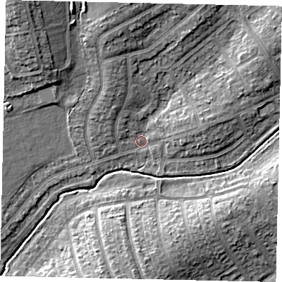 Shaded relief map of the ground around HA49EA, computed from Environment Agency LiDAR. The ground here sits at about 38 m above sea level and falls 12 m across the surrounding 800 m. Surface water reaching this point runs off ground lying to the north, 7.2 m higher.