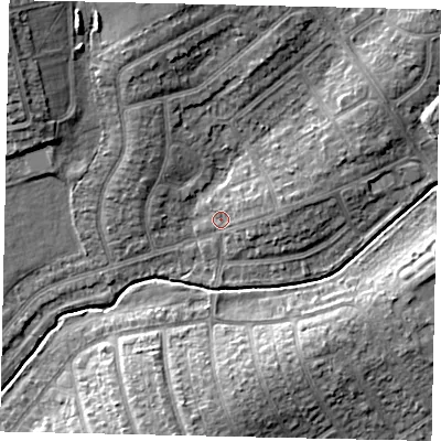 Shaded relief map of the ground around HA49EB, computed from Environment Agency LiDAR. The ground here sits at about 39 m above sea level and falls 11 m across the surrounding 800 m. Surface water reaching this point runs off ground lying to the east, 3.1 m higher.