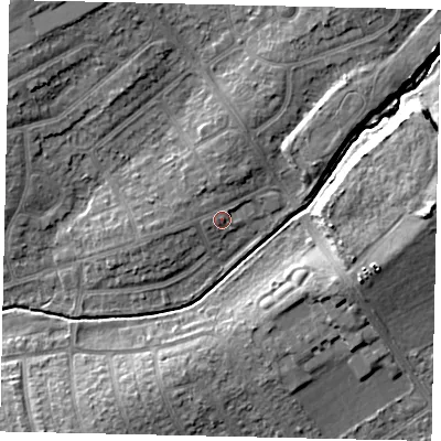 Shaded relief map of the ground around HA49EE, computed from Environment Agency LiDAR. The ground here sits at about 41 m above sea level and falls 14 m across the surrounding 800 m. Surface water reaching this point runs off ground lying to the west-north-west, 1.6 m higher.