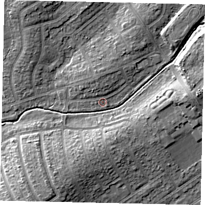 Shaded relief map of the ground around HA49EZ, computed from Environment Agency LiDAR. The ground here sits at about 39 m above sea level and falls 12 m across the surrounding 800 m. Surface water reaching this point runs off ground lying to the north-north-west, 2.6 m higher.