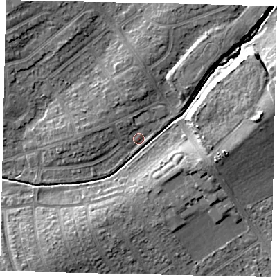 Shaded relief map of the ground around HA49HA, computed from Environment Agency LiDAR. The ground here sits at about 40 m above sea level and falls 14 m across the surrounding 800 m. Surface water reaching this point runs off ground lying to the north-west, 3.3 m higher.