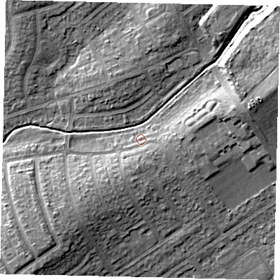 Shaded relief map of the ground around HA49HQ, computed from Environment Agency LiDAR. The ground here sits at about 40 m above sea level and falls 13 m across the surrounding 800 m. Surface water reaching this point runs off ground lying to the south-south-east, 3.5 m higher.