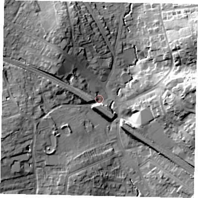 Shaded relief map of the ground around HA51AA, computed from Environment Agency LiDAR. The ground here sits at about 49 m above sea level and falls 21 m across the surrounding 800 m. Surface water reaching this point runs off ground lying to the north-north-west, 14.2 m higher.