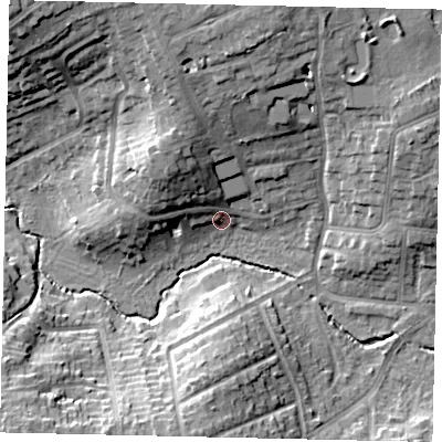 Shaded relief map of the ground around HA51AS, computed from Environment Agency LiDAR. The ground here sits at about 47 m above sea level and falls 20 m across the surrounding 800 m. Surface water reaching this point runs off ground lying to the north-west, 9.7 m higher.