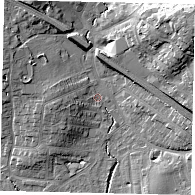 Shaded relief map of the ground around HA51BB, computed from Environment Agency LiDAR. The ground here sits at about 48 m above sea level and falls 25 m across the surrounding 800 m. Surface water reaching this point runs off ground lying to the west, 7.8 m higher.