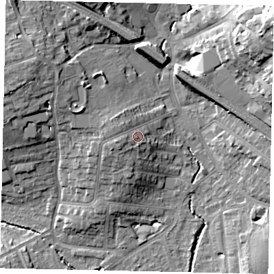 Shaded relief map of the ground around HA51BJ, computed from Environment Agency LiDAR. The ground here sits at about 54 m above sea level and falls 22 m across the surrounding 800 m. Surface water reaching this point runs off ground lying to the west-south-west, 2.7 m higher.