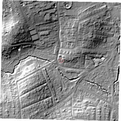Shaded relief map of the ground around HA51BT, computed from Environment Agency LiDAR. The ground here sits at about 47 m above sea level and falls 16 m across the surrounding 800 m. Surface water reaching this point runs off ground lying to the south-south-west, 13.6 m higher.