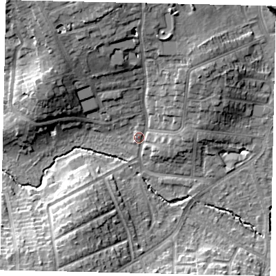 Shaded relief map of the ground around HA51BU, computed from Environment Agency LiDAR. The ground here sits at about 48 m above sea level and falls 15 m across the surrounding 800 m. Surface water reaching this point runs off ground lying to the north, 12.4 m higher.
