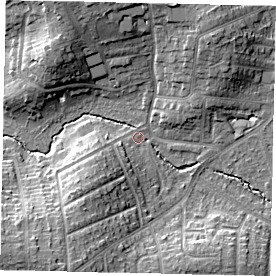 Shaded relief map of the ground around HA51BY, computed from Environment Agency LiDAR. The ground here sits at about 47 m above sea level and falls 17 m across the surrounding 800 m. Surface water reaching this point runs off ground lying to the south-south-west, 14.2 m higher.
