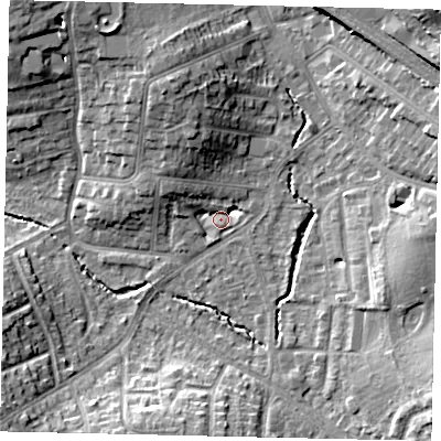 Shaded relief map of the ground around HA51DH, computed from Environment Agency LiDAR. The ground here sits at about 47 m above sea level and falls 14 m across the surrounding 800 m. Surface water reaching this point runs off ground lying to the west-north-west, 5.9 m higher.