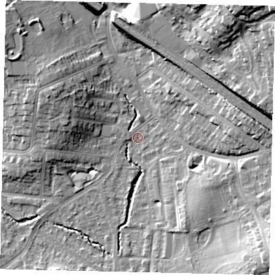 Shaded relief map of the ground around HA51DS, computed from Environment Agency LiDAR. The ground here sits at about 48 m above sea level and falls 22 m across the surrounding 800 m. Surface water reaching this point runs off ground lying to the east, 11.9 m higher.