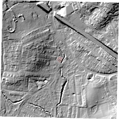 Shaded relief map of the ground around HA51DT, computed from Environment Agency LiDAR. The ground here sits at about 48 m above sea level and falls 24 m across the surrounding 800 m. Surface water reaching this point runs off ground lying to the west-north-west, 7.7 m higher.