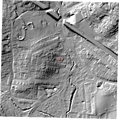 Shaded relief map of the ground around HA51DU, computed from Environment Agency LiDAR. The ground here sits at about 50 m above sea level and falls 25 m across the surrounding 800 m. Surface water reaching this point runs off ground lying to the west-north-west, 6.9 m higher.