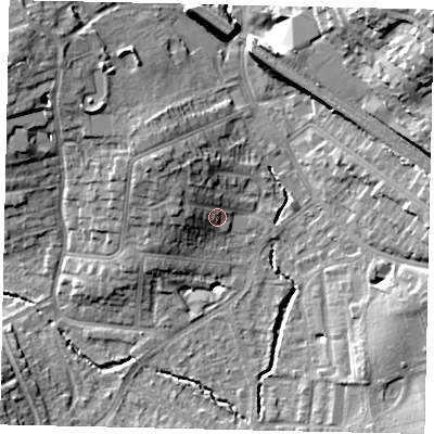 Shaded relief map of the ground around HA51DY, computed from Environment Agency LiDAR. The ground here sits at about 50 m above sea level and falls 21 m across the surrounding 800 m. Surface water reaching this point runs off ground lying to the north-west, 5.3 m higher.