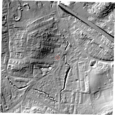Shaded relief map of the ground around HA51DZ, computed from Environment Agency LiDAR. The ground here sits at about 48 m above sea level and falls 20 m across the surrounding 800 m. Surface water reaching this point runs off ground lying to the north-west, 8.2 m higher.