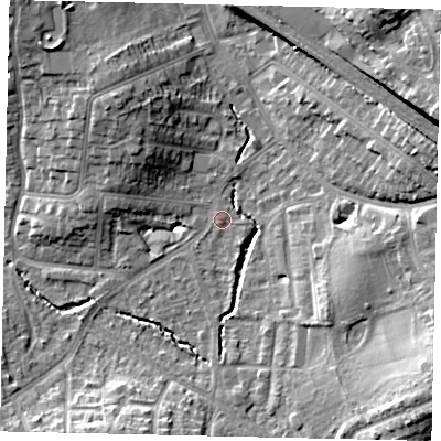 Shaded relief map of the ground around HA51EA, computed from Environment Agency LiDAR. The ground here sits at about 48 m above sea level and falls 16 m across the surrounding 800 m. Surface water reaching this point runs off ground lying to the north-west, 8.2 m higher.