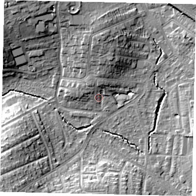 Shaded relief map of the ground around HA51ED, computed from Environment Agency LiDAR. The ground here sits at about 48 m above sea level and falls 14 m across the surrounding 800 m. Surface water reaching this point runs off ground lying to the north, 3.9 m higher.