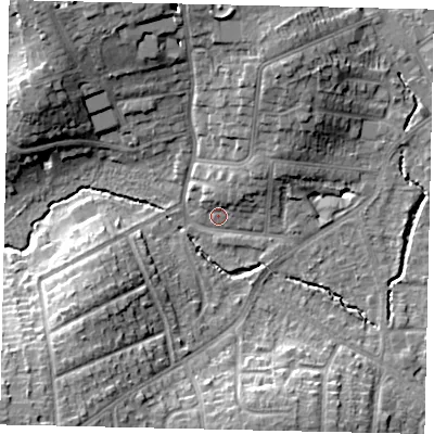 Shaded relief map of the ground around HA51EE, computed from Environment Agency LiDAR. The ground here sits at about 47 m above sea level and falls 16 m across the surrounding 800 m. Surface water reaching this point runs off ground lying to the south-west, 14.2 m higher.