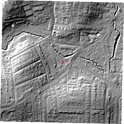 Shaded relief map of the ground around HA51EG, computed from Environment Agency LiDAR. The ground here sits at about 47 m above sea level and falls 16 m across the surrounding 800 m. Surface water reaching this point runs off ground lying to the west-south-west, 10.8 m higher.