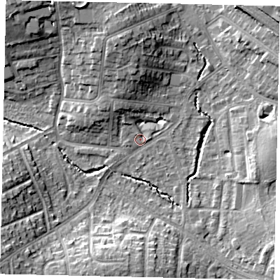Shaded relief map of the ground around HA51EH, computed from Environment Agency LiDAR. The ground here sits at about 47 m above sea level and falls 13 m across the surrounding 800 m. Surface water reaching this point runs off ground lying to the north, 10.6 m higher.