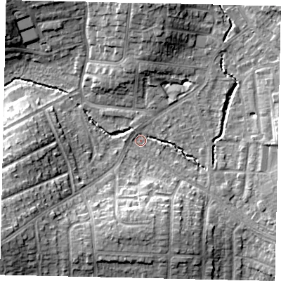 Shaded relief map of the ground around HA51EJ, computed from Environment Agency LiDAR. The ground here sits at about 47 m above sea level and falls 15 m across the surrounding 800 m. Surface water reaching this point runs off ground lying to the south-west, 14.2 m higher.