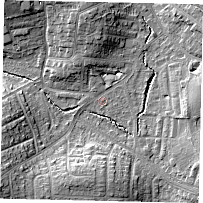 Shaded relief map of the ground around HA51EL, computed from Environment Agency LiDAR. The ground here sits at about 47 m above sea level and falls 13 m across the surrounding 800 m. Surface water reaching this point runs off ground lying to the north, 10.6 m higher.