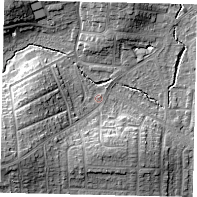 Shaded relief map of the ground around HA51EN, computed from Environment Agency LiDAR. The ground here sits at about 48 m above sea level and falls 16 m across the surrounding 800 m. Surface water reaching this point runs off ground lying to the south-west, 12.0 m higher.