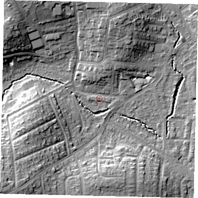 Shaded relief map of the ground around HA51EQ, computed from Environment Agency LiDAR. The ground here sits at about 47 m above sea level and falls 16 m across the surrounding 800 m. Surface water reaching this point runs off ground lying to the south-west, 14.2 m higher.