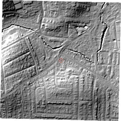 Shaded relief map of the ground around HA51EW, computed from Environment Agency LiDAR. The ground here sits at about 47 m above sea level and falls 15 m across the surrounding 800 m. Surface water reaching this point runs off ground lying to the west-south-west, 11.9 m higher.