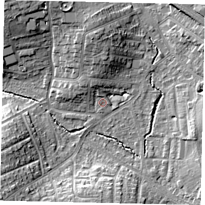 Shaded relief map of the ground around HA51HB, computed from Environment Agency LiDAR. The ground here sits at about 48 m above sea level and falls 14 m across the surrounding 800 m. Surface water reaching this point runs off ground lying to the north-north-west, 1.2 m higher.