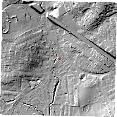 Shaded relief map of the ground around HA51HF, computed from Environment Agency LiDAR. The ground here sits at about 49 m above sea level and falls 25 m across the surrounding 800 m. Surface water reaching this point runs off ground lying to the east, 11.6 m higher.