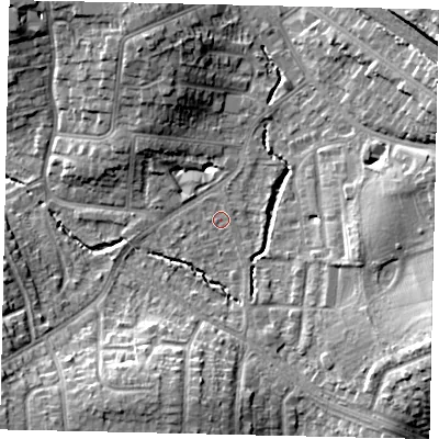 Shaded relief map of the ground around HA51HH, computed from Environment Agency LiDAR. The ground here sits at about 47 m above sea level and falls 13 m across the surrounding 800 m. Surface water reaching this point runs off ground lying to the north-north-east, 0.6 m higher.