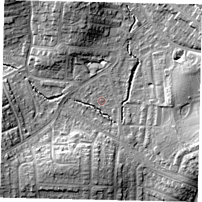 Shaded relief map of the ground around HA51HJ, computed from Environment Agency LiDAR. The ground here sits at about 47 m above sea level and falls 12 m across the surrounding 800 m. Surface water reaching this point runs off ground lying to the east-south-east, 10.9 m higher.
