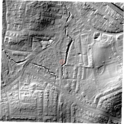 Shaded relief map of the ground around HA51HL, computed from Environment Agency LiDAR. The ground here sits at about 48 m above sea level and falls 15 m across the surrounding 800 m. Surface water reaching this point runs off ground lying to the east-south-east, 13.5 m higher.