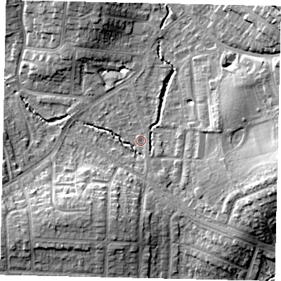 Shaded relief map of the ground around HA51HN, computed from Environment Agency LiDAR. The ground here sits at about 47 m above sea level and falls 15 m across the surrounding 800 m. Surface water reaching this point runs off ground lying to the south-east, 0.9 m higher.