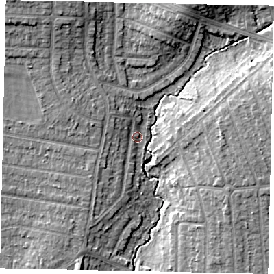 Shaded relief map of the ground around HA51JH, computed from Environment Agency LiDAR. The ground here sits at about 45 m above sea level and falls 13 m across the surrounding 800 m. Surface water reaching this point runs off ground lying to the north-west, 10.9 m higher.