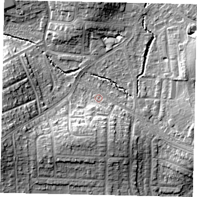 Shaded relief map of the ground around HA51JU, computed from Environment Agency LiDAR. The ground here sits at about 48 m above sea level and falls 13 m across the surrounding 800 m. Surface water reaching this point runs off ground lying to the south, 7.7 m higher.